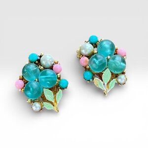 Vintage Selini Earrings Blue Pink Green Floral Enamel Faux Pearl Lucite Clip On